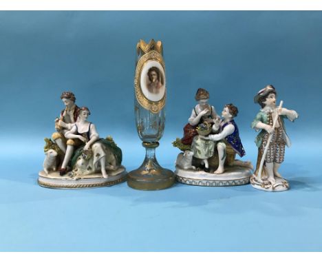 A small 19th century Bohemian glass spill vase, decorated with an oval portrait and three Continental porcelain groups (4)