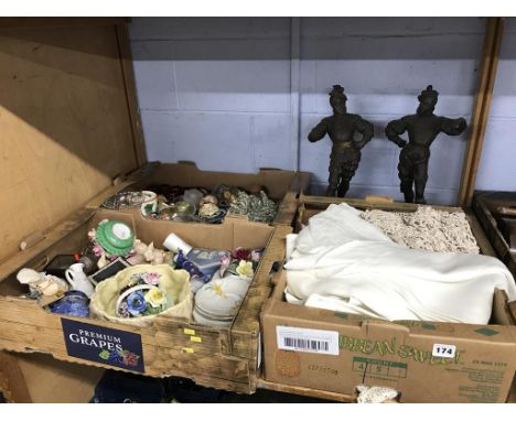 Three trays of assorted and a pair of spelter figures