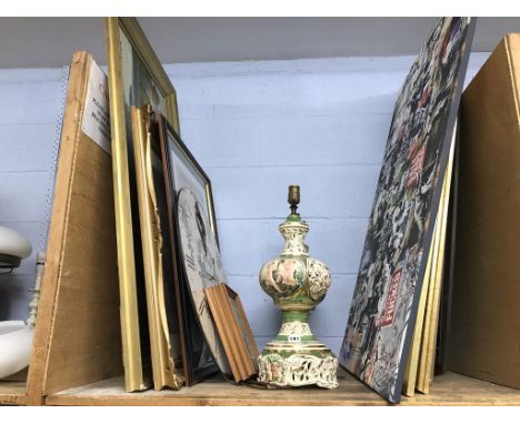 A pair of Capo Di Monte lamps, various prints and a wall clock