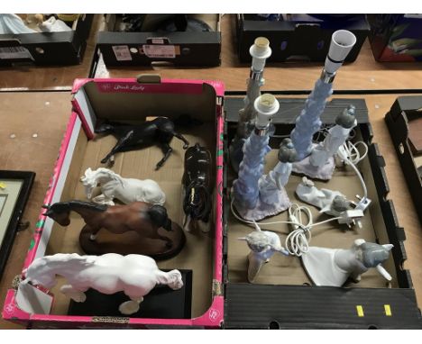 Two trays of Lladro figures, Royal Doulton horses etc.