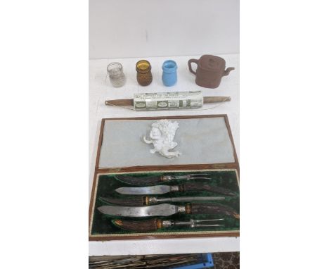 Collectables to include Yixing teapot A/F , an Ideal pottery rolling pin A/F, glass tealights and a horn carving setLocation: