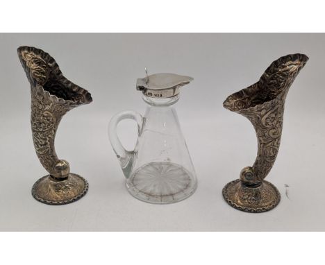 Silver times to include a silver topped whisky noggin A/F together with a pair of Victorian silver vases with floral embossed