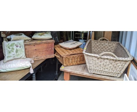 A twin handled wicker basket A/F, a hamper basket, a small pine chest and five cushionsLocation: RCIf there is no condition r