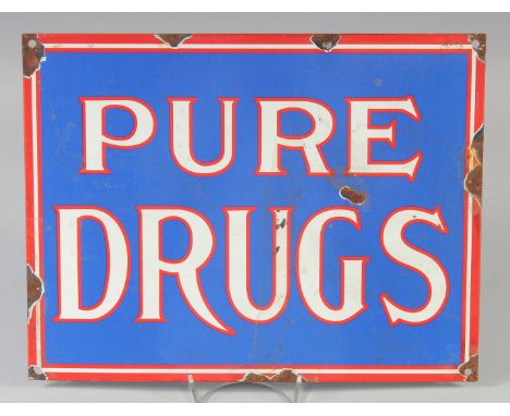 A PURE DRUGS BLUE AND WHITE ENAMEL SIGN. 15ins x 11.5ins.