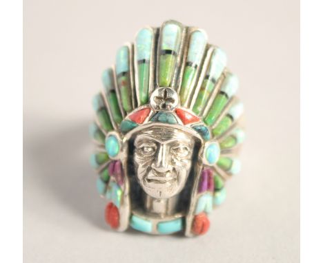 A SILVER REAL OPAL,  CORAL AND TURQUOISE NATIVE AMERICAN RING.