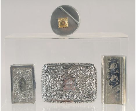 THREE WHITE METAL SNUFF BOXES AND A ROUND SNUFF BOX. (4).