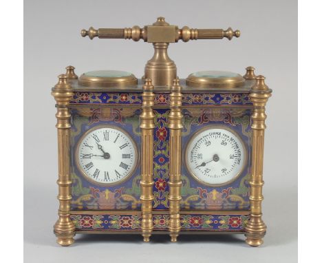 A GOOD DOUBLE CLOISONNE ENAMEL CLOCK AND BAROMETER COMBINED. 5ins wide.