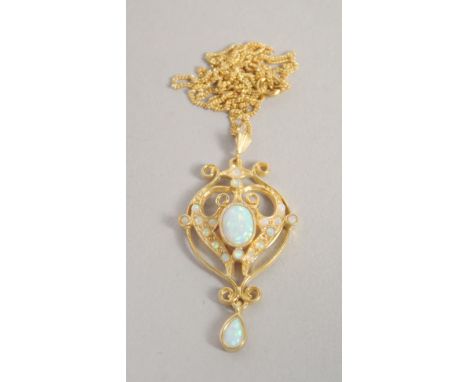 A GOLD ON SILVER CULTURED OPAL SET, PENDANT AND CHAIN.