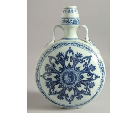 A CHINESE BLUE AND WHITE PORCELAIN TWIN HANDLED MOON FLASK, with radiating Ying-Yang symbol. 29.5cm high.