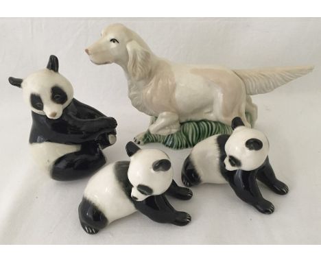 3 Lomonosov/USSR ceramic figurines of pandas. Together with a Spanish ceramic figurine of a setter dog. 