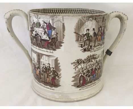 A very large 19th century J & R Godwin 2 handled pottery tankard. With Charles Dickens decoration, showing scenes from Pickwi