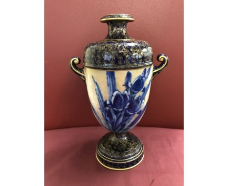 A large Doulton Burslem ivory, blue and gold ceramic urn. c1891-1901. # 6150. Approx  37cm tall.