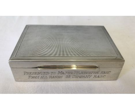 A silver lined wooden cigarette box engraved to front and presented to Major Pilkington. RASC. From all the ranks of 66. comp