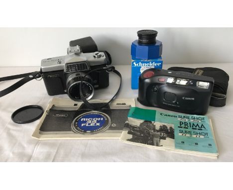 2 cameras and a lens. Comprising a vintage Ricoh 35 Flex 35mm camera, a Canon Sure Shot EX camera, both with soft cases & ins