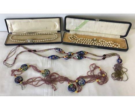 2 long millefiori style bead and glass bead necklaces. Together with 2 boxed vintage faux pearl necklaces. 