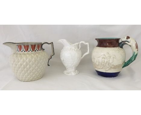 3 early 19th century ceramic jugs a/f. Harley pineapple moulded, Copeland & Garrett classical scenes and Wedgwood hunting jug