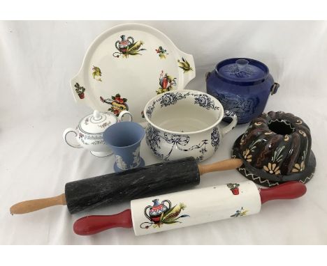 A collection of Kitchenalia and ceramics. To include a marble rolling pin, ceramic jelly mould & Arthur Woods biscuit barrel.