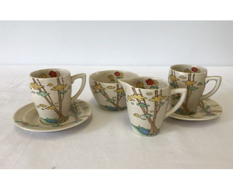 A 1930's Clarice Cliff, Wilkinson Ltd ceramic Tea for two set. Comprising 2 cups & saucers, sugar bowl and milk jug (tiny chi