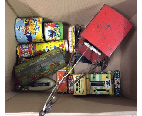 Box of vintage tinplate toys. To include: Peter Pan automatic chocolate machine, illustrated graduated tins, kaleidoscope, Ma