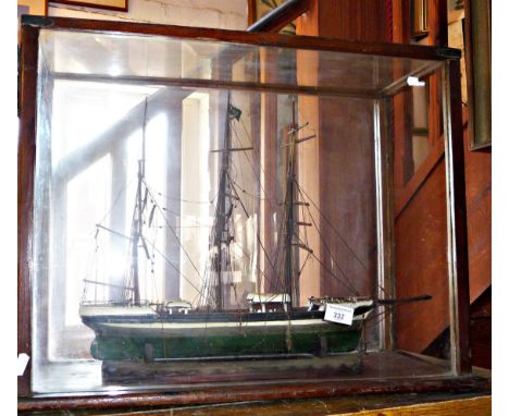 Victorian cased painted wood sailing ship model, glazed case (with two panes missing), 24" long x 19" tall