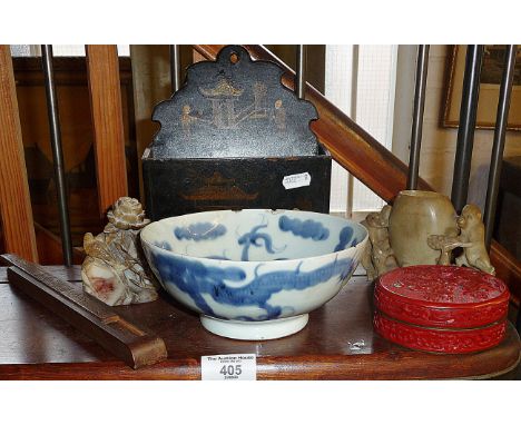 Chinese porcelain blue and white dragon bowl (A/F), carved soapstone pieces, cinnabar and blue enamel circular lidded box, et