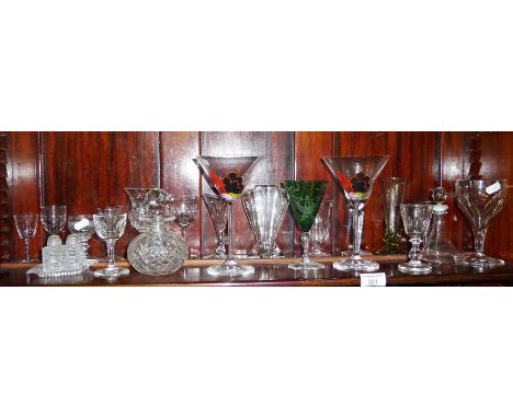 Shelf of antique and vintage cut wine glasses, etc.