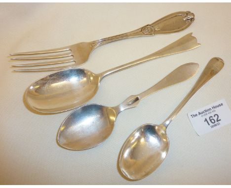 Tiffany Sterling silver Ram's Head pattern dessert fork (name engraved to finial), with three hallmarked silver spoons, appro