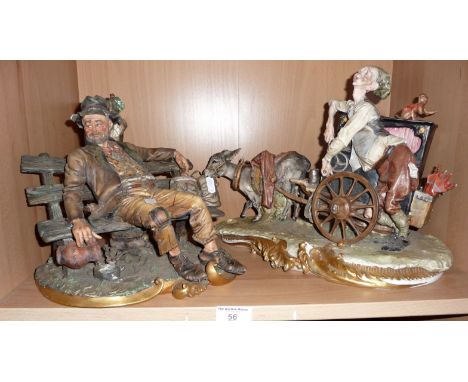 Two Capodimonte groups, inc. barrel organ and drunk on bench (A/F)