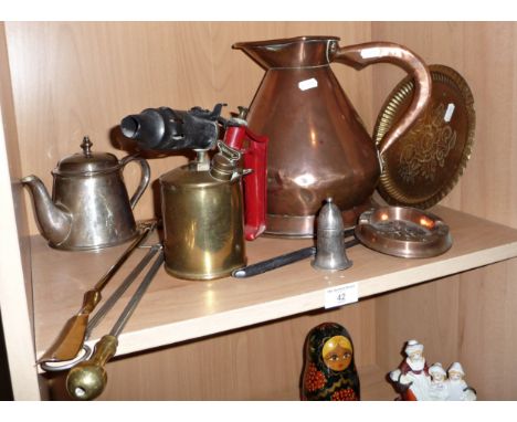 Victorian copper gallon measure, brass blow lamp and assorted copper and brass
