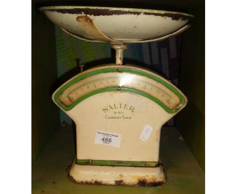 Salter enamel kitchen cookery scale and a folding bridge table