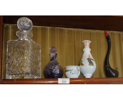 Chinese milk glass with figures decoration, a Caithness glass scent bottle, two other pieces and a square glass decanter
