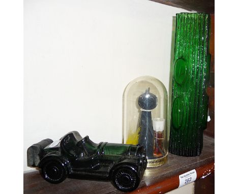 Green Sklo Union glass vase, vintage Max Factor 'Hypnotique' perfume bottle with cat and an Avon perfume glass veteran car bo