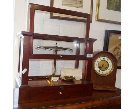 Chemist's scales in mahogany case by Becker &amp; Sons of Rotterdam with weights, together with an oak cased mantle clock (A/