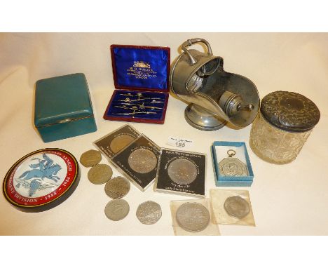 W. H. Harling compass set in case, sugar scuttle and shovel, coins, etc.