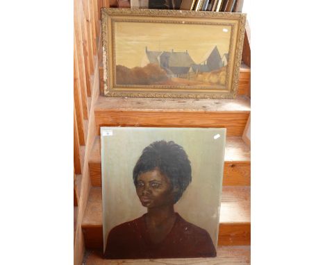 Oil portrait of an African woman by Robert Mercer signed and dated 1963 and a painting of farm buildings by the same artist