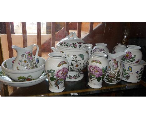 Large Portmeirion pottery punch bowl and ladle and a quantity of Portmeirion vases, jars and bowls with a table lamp base