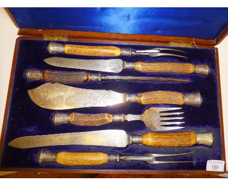 Impressive boxed 7-piece silver plated carving and serving set - most Mappin &amp; Webb with hallmarked silver finials - carv