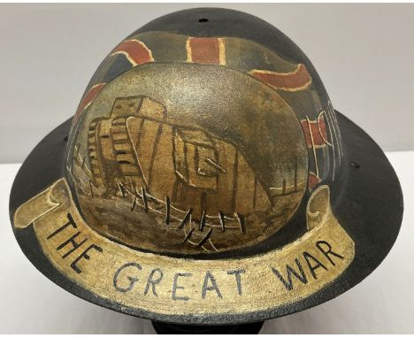 WWI British "Brodie" helmet with post war painting of a tank to commemorate The Great War.  