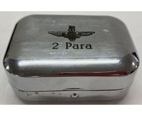 Vintage chrome tin with engraved 2nd Parachute Regiment insignia.  