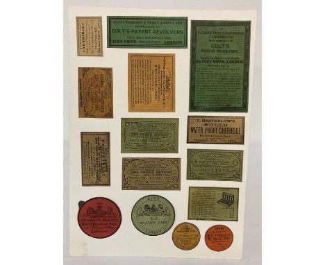 A card depicting 15 vintage percussion cap labels and early cartridge carton and tin labels.  Card approx. 30 x 21cm.