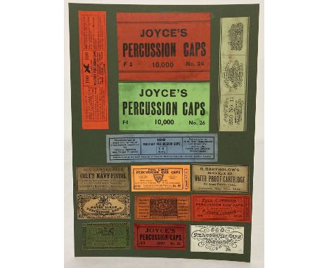 A card depicting 14 vintage percussion cap labels and early cartridge box labels.  Card approx. 30 x 21cm.