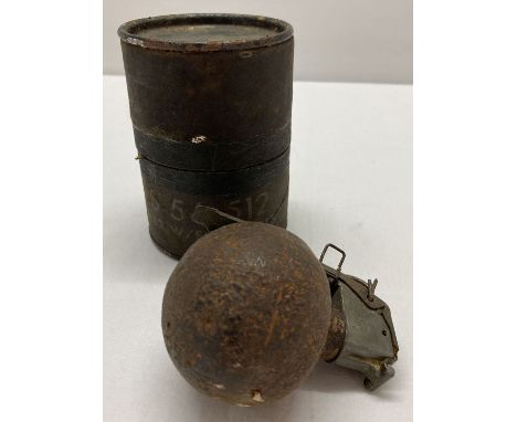 Vietnam war style inert US M-67 baseball grenade and transportation tube.  