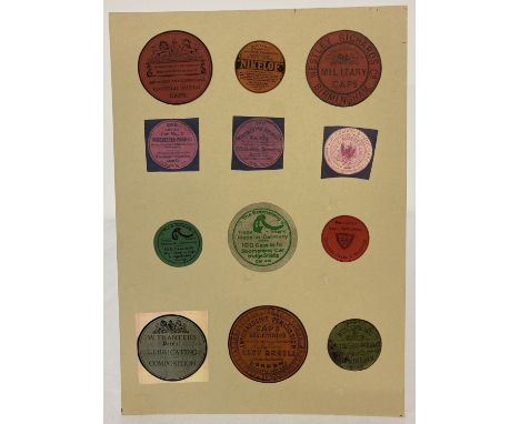 A card depicting 12 vintage percussion cap labels.  Card approx. 30 x 21cm.