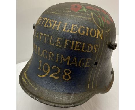 A WWI Imperial German M16 Stahlhelm helmet with hand painted detail. For the British Legion Pilgrimage, 1928. 