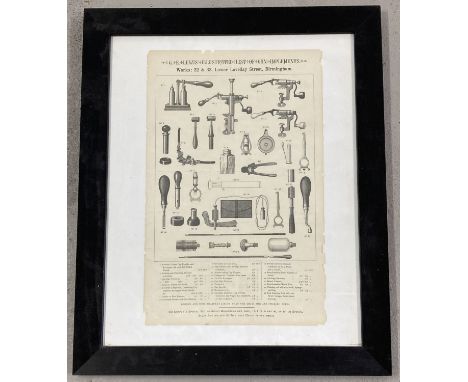 A framed and glazed " G. E. Lewis Illustrated List Of Gun Implements". Depicting cartridge reloading tools, descriptions and 