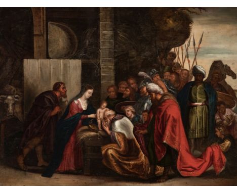 Flemish school, mid-17th century."Adoration of the Magi".Oil on copper.With frame circa 1830.Measurements: 56 x 73 cm; 65 x 8