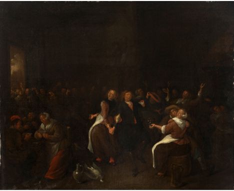 JAN JACOBSZ MOLENAER (1654-c.1690) "Kermesse".Oil on canvas.With informative label on the back.Signed.Measurements: 53 x 65 c