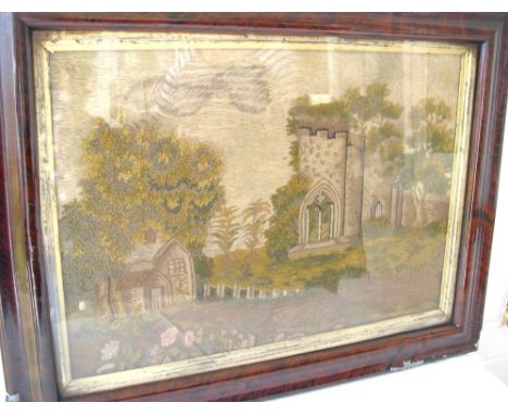 Large Victorian woolwork of a cottage with abbey, in a walnut frame, 64.5cm x 48.5cm.   Condition Report  Some light staining