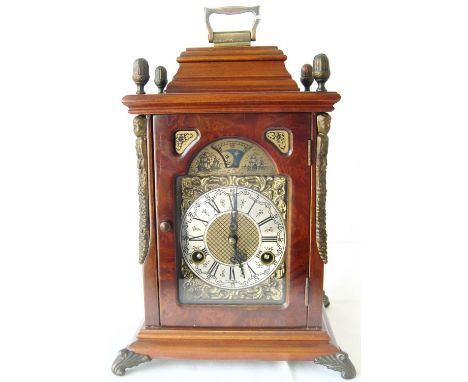 Reproduction walnut and mahogany bracket clock with silver and brass dial, silvered chapter ring, eight day movement, chiming