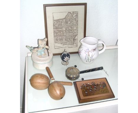 Needlework of Stratford, art jug, egg and four miscellaneous items.